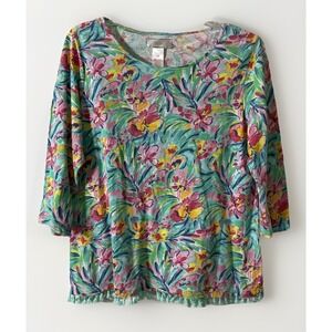 Stella Parker Multicolor Floral Print 3/4 Sleeve Shirt Tassels Women Medium
